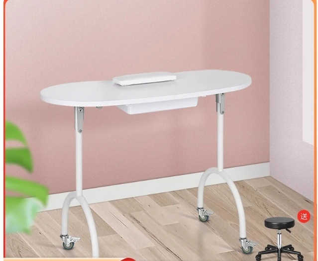 Portable Folding Nail Table with Lock Wheels Nail Table with LED Light Dust Collector Storage Container