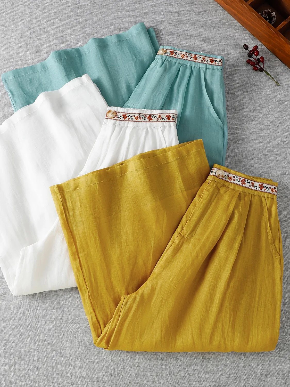 Ele ارتفاع الخصر المطرزة القطن الكتان بنطال ذو قصة أرجل واسعة المرأة الصيف خفيفة الوزن التخسيس فضفاضة يشعر تسع نقاط مستقيم C...