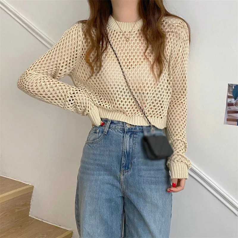 Women Hollow Out Top Thin Long Sleeved Sun Protection Knitted Sweater Female Crewneck Casual Tops Breathable Mesh T-Shirts