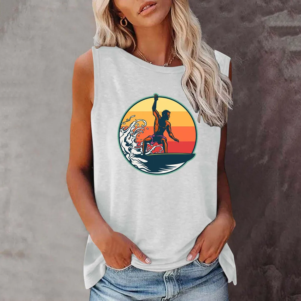 

Seeyoushy Surf Printing 2023 New Summer Fashion Trend Printed T-shirt Women's O Neck Sleeveless T-shirt Camisetas Para Mujeres