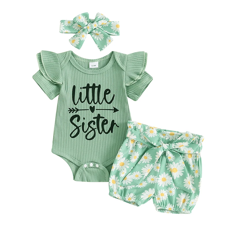 Baby Girl 3 Piece Summer Set Letter Print Short Sleeve Romper Daisy Print Shorts with Fixed Belt Headband Toddler Outfits