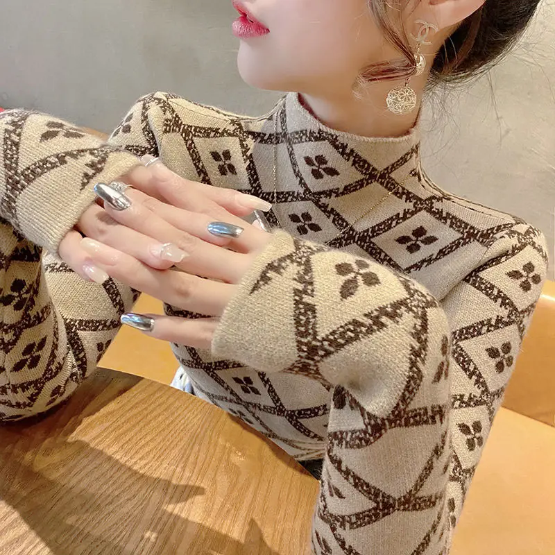 여성용 하프 하이 칼라 프린트 스트라이프 스웨터, 겨울 긴팔 언더레이 2023 패션, 올 매치 아가일 풀오버 니트 탑