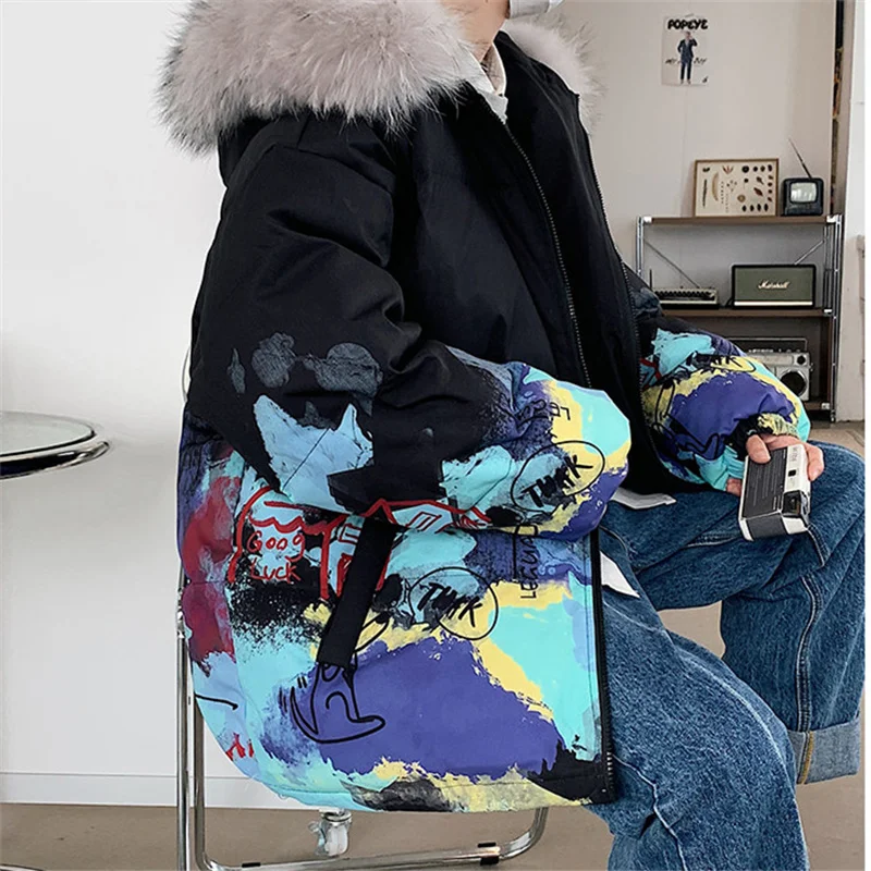 2023 Autumn New Youth Fashion Trend Handsome Hooded Printed Cotton Coat Men's Casual Versatile Warm Cotton Coat