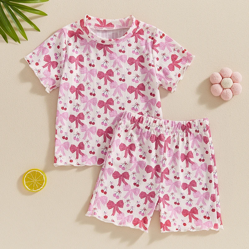 2024-04-18 Lioraitiin Toddler Baby Girl Summer Outfits Short Sleeve Floral/Bow/Fruit Print Tops + Shorts Set 2Pcs Clothes