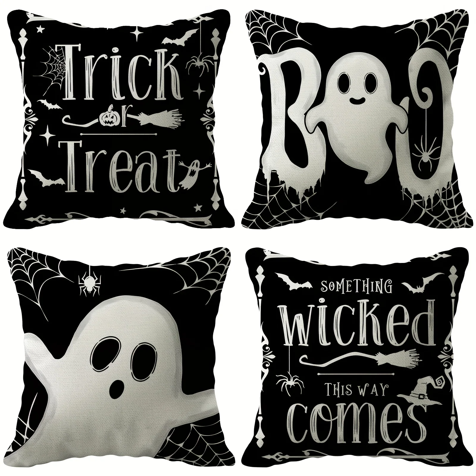 Ultimate 4 Piece Halloween Printed Pillow Covers Set Spooky Ghost Witch Trick or Treat Throw Cushions Decorative Fall Home Decor