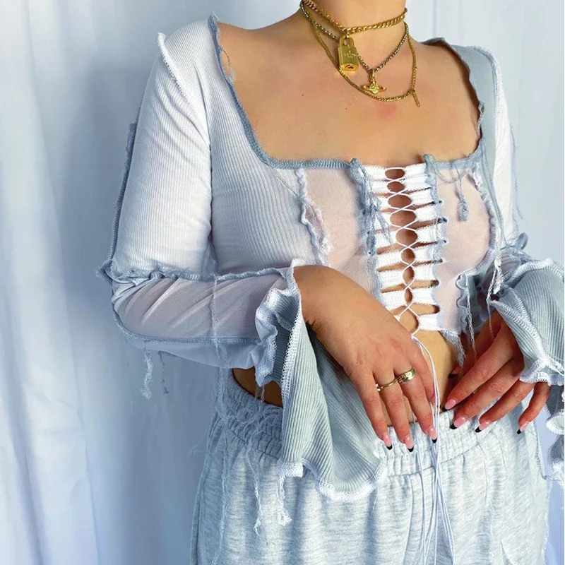 2024 Fashion Reverse Trim Color Block Cropped Top Long Sleeve Lace Up Mesh Patchwork Hollow Out Square Neck t-Shirt for Ladies
