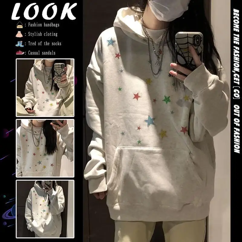 

Oversize Star Print Button Hooded Sweatshirt for Women's Autumn and Winter New Style, Loose and Plush Thick Top
