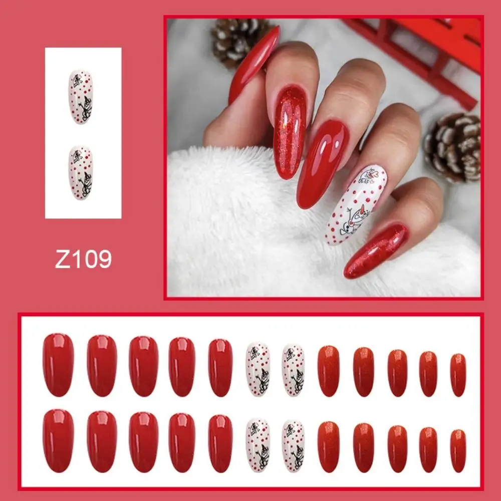 24pcs Nail Tips Long Short French Coffin Red Almond Ballerina Fake Nails Santa Claus Snowflake Christmas