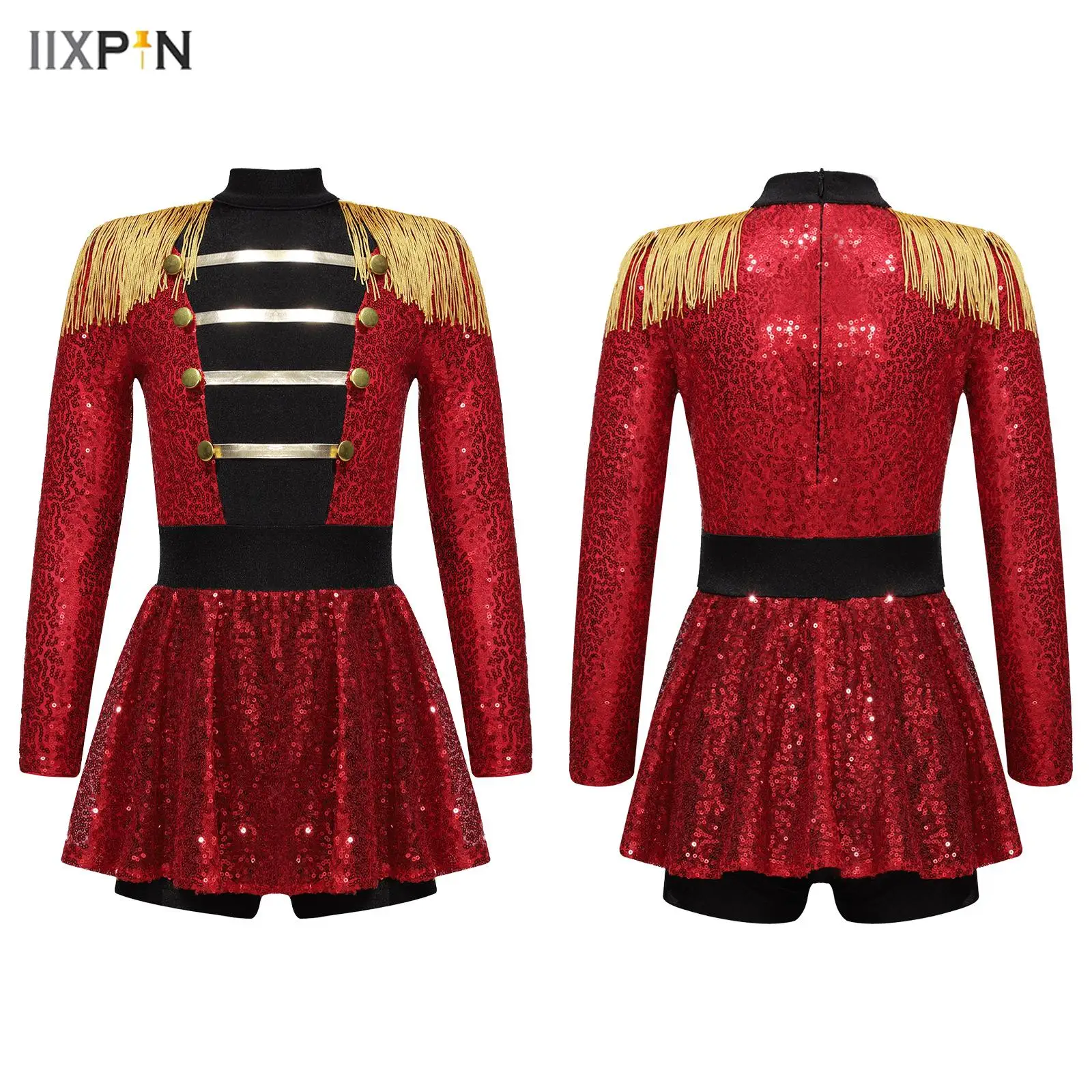 Kostium Cyrkowy Ringmaster dla Dziewczyn, Długi Rękaw, Frędzle, Epaulety, Błyszczące Cekiny, Kombinezon na Halloween, Imprezę Cosplay, Występ Taneczny