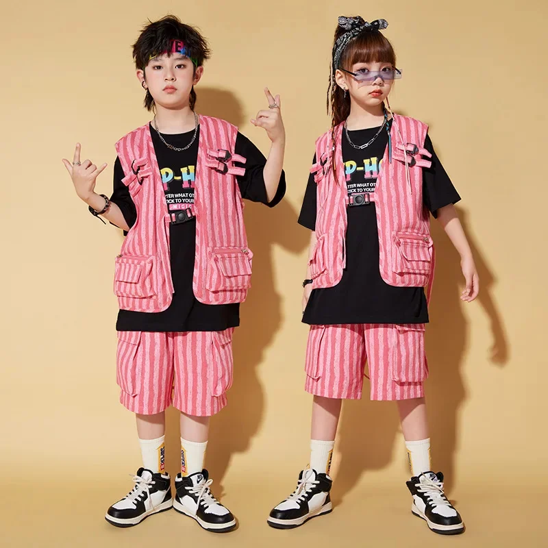 

Summer Children's Streetwear Stage Dance Performance Clothing Kids Boys Girls Hip Hop Loose Cargo Vest Shorts Sets Tracksuits