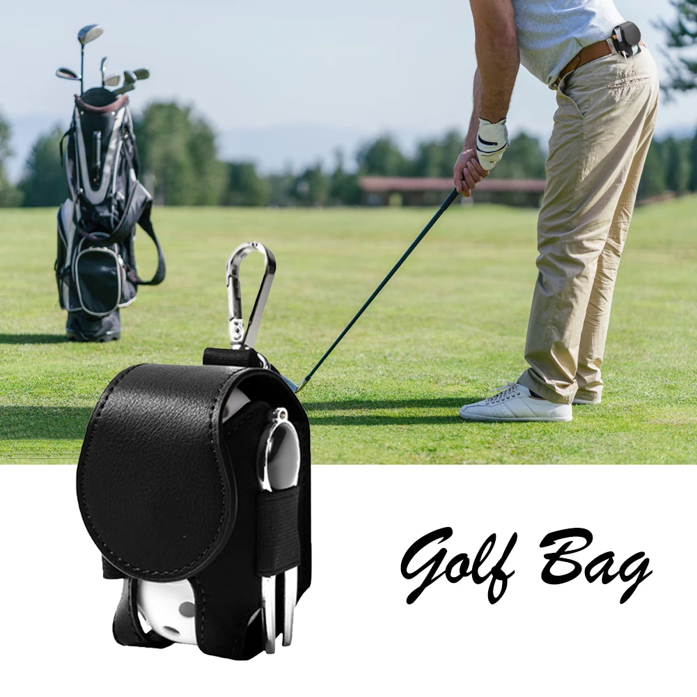 Mini Golf Ball Storage Bag With 2 Tees Double Ball Bag Portable PU Leather Waist Bags with Metal Buckle Golf Belt Holder Pouch