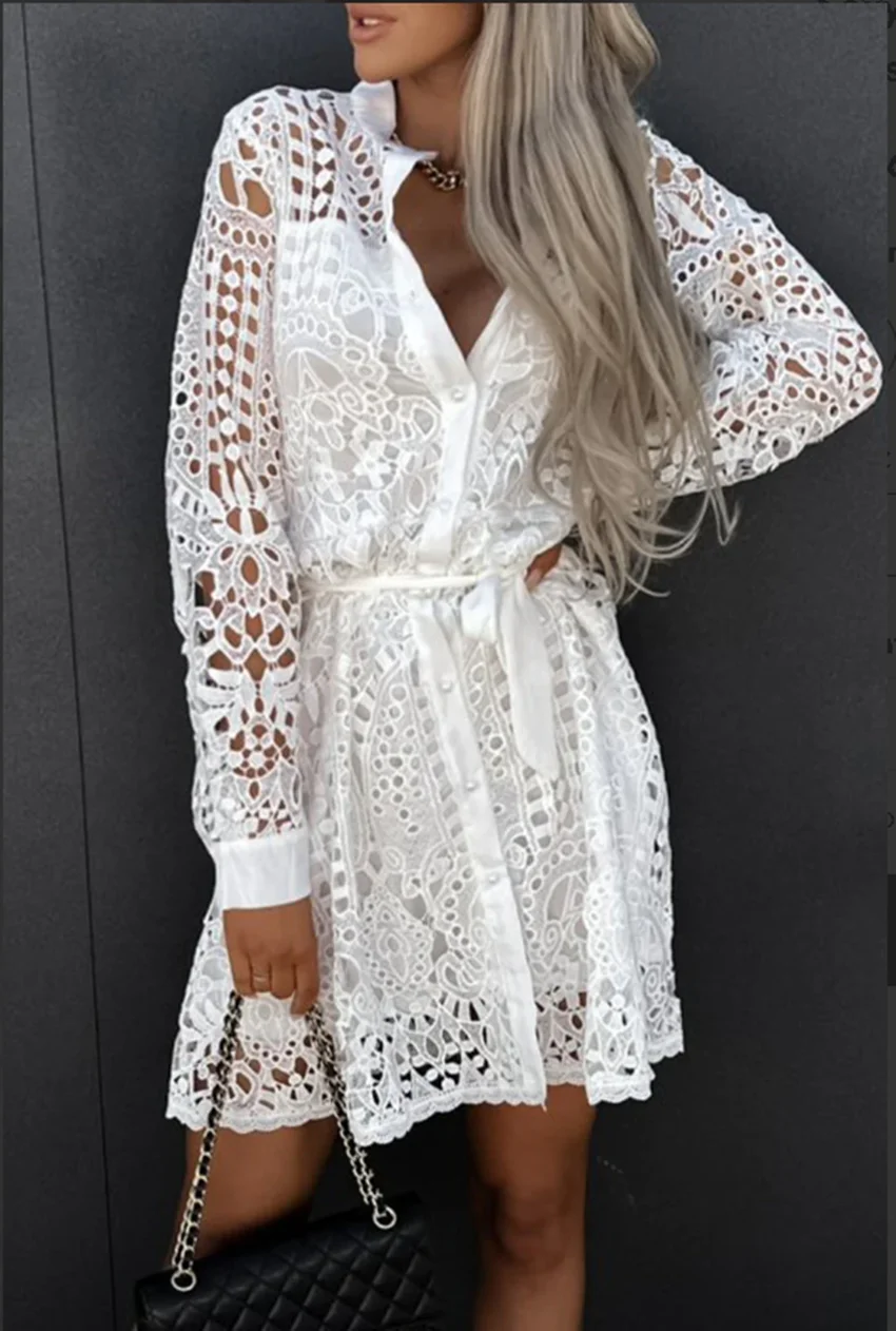 Women's Solid Color Openwork Cinched Waist Design Elegant Dress For Work Office Tea Party Collared Classy Style Summer