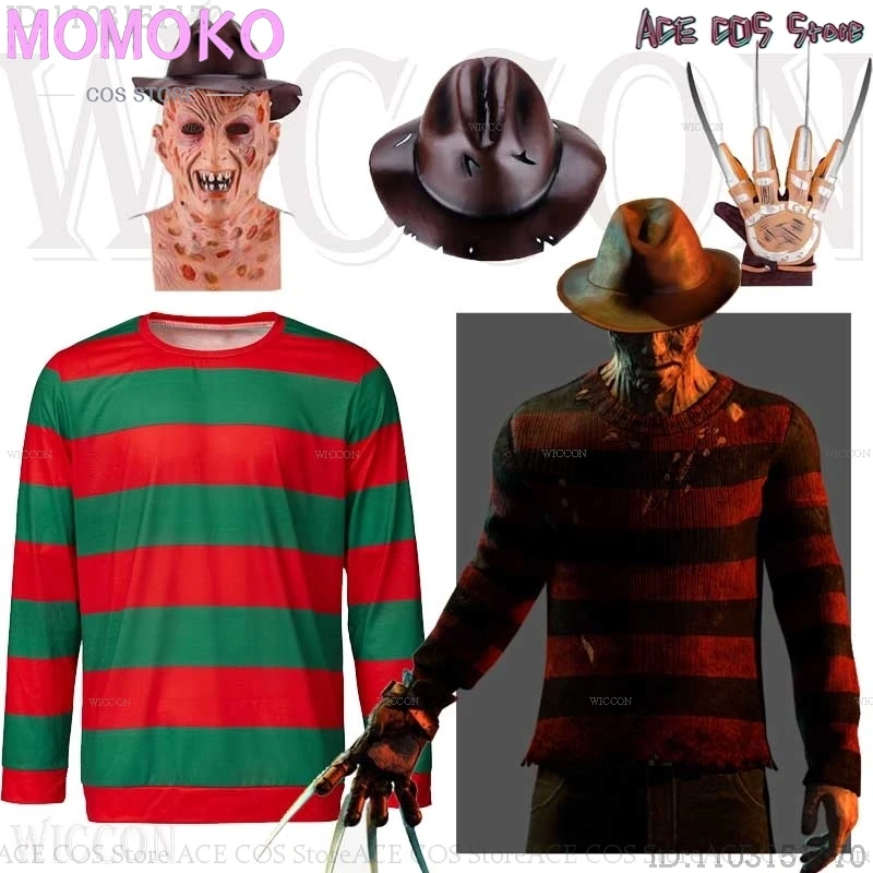 Nightmare on Street Men's Freddy Cos Krueger Horrible Cosplay Striped Sweater Halloween Christmas Role Play Terrify Scary Adults