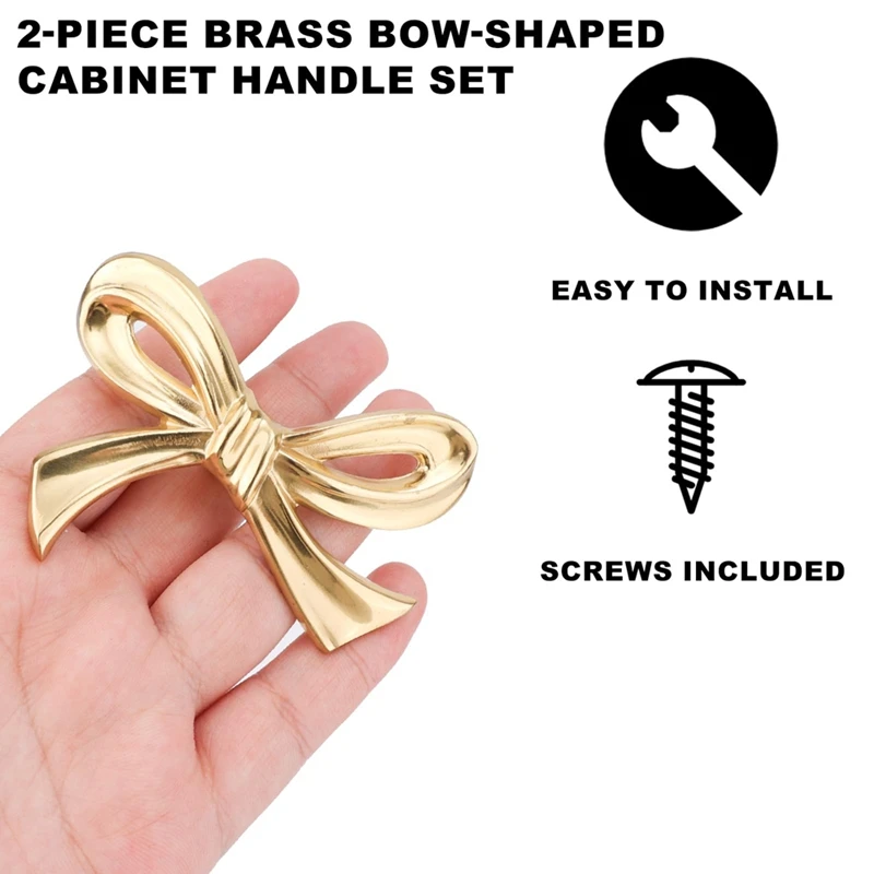 2Pcs Gold Brass Bow Dresser Knobs, Vintage Bow Shape Drawer Pull Handles For Cabinet, Wardrobe, Kitchen