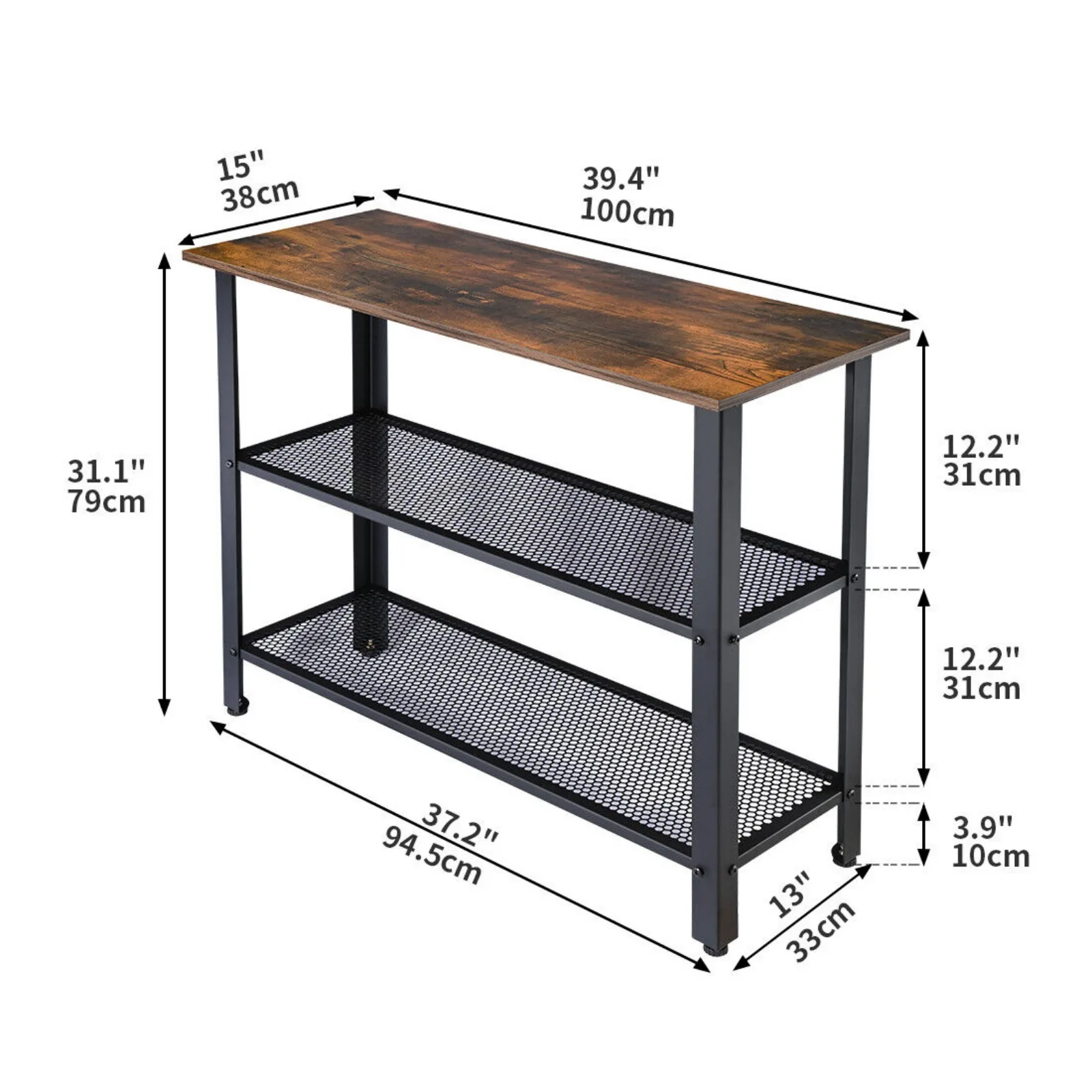 Armário industrial do corredor do metal com prateleira do armazenamento, 3-Tier, tabela rústica do console, mobília do bar home dos EUA, mobília do mini bar