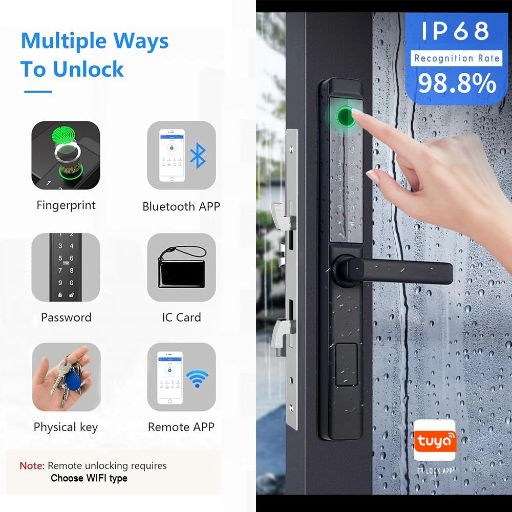 Cerradura inteligente con huella dactilar para puerta de vidrio, dispositivo electrónico de cierre con WIFI, de aluminio, con aplicación Smart Life,