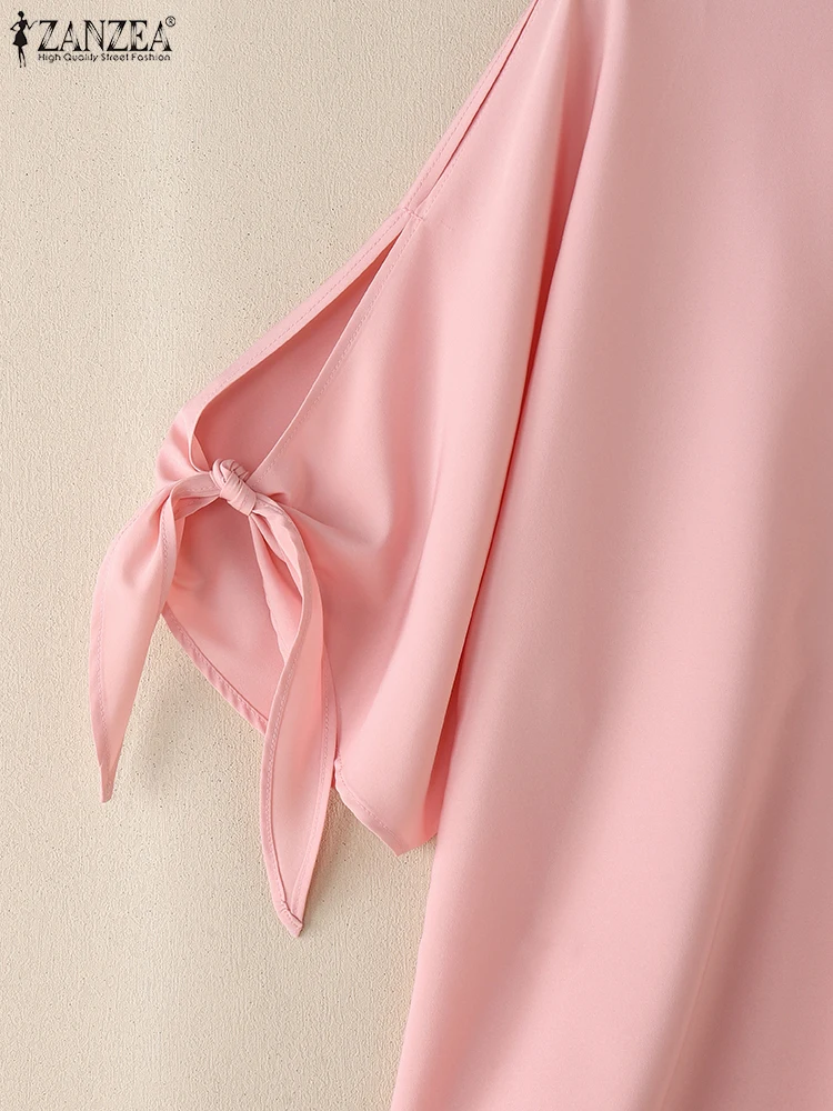 Zanzea Elegante Vrouwen Blouses Streetwear 2025, Zomer Mode Ronde Hals Gebonden Uitsparing Bladerdeeg Mouw Blusas Mujer Effen Kleur Tops