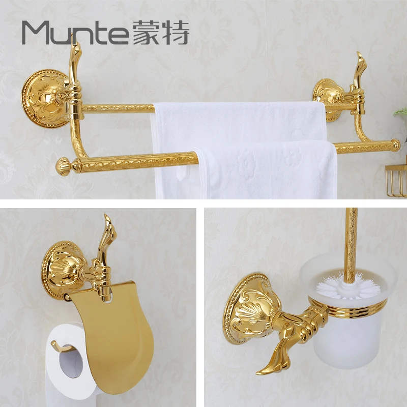 

Indoor furniture titanium gold European towel rack set, bathroom hardware pendant, bathroom engraved retro towel rack.