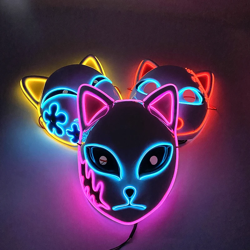 Grappig kleurrijk lichtgevend gezichtsmasker oplichtende kat vos masker demon slayer masker anime cosplay kostuum voor volwassen kinderen