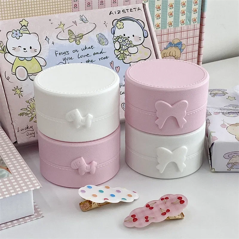 1Pc INS Cute Macaron Bow Round Storage Box Kawaii Girls Jewelry Hairpins Dustproof Box Travel Portable Small Sundries Organizer