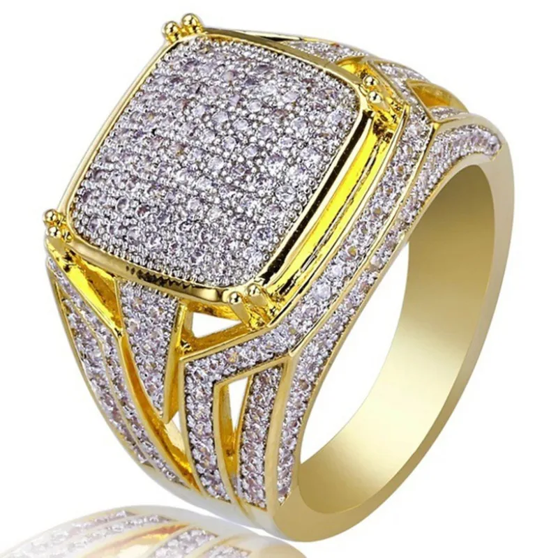 S925 sterling silver ring new 18k gold plated square men's full diamond two-color engagement ring