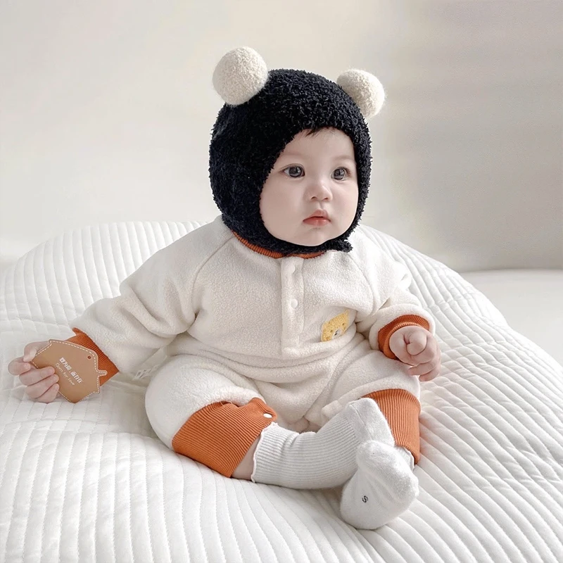 

Baby Ear Protection Hat Autumn and Winter Fleece Lined Warm Hat 5-12 Months Baby Color Block Ball Hat