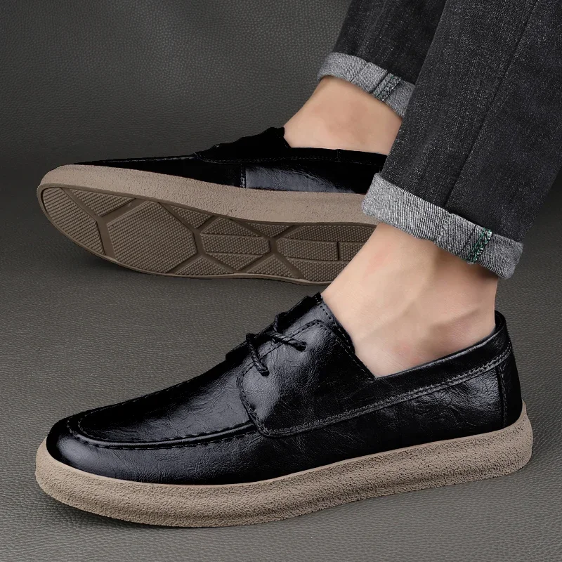 2023 New Lace Up Leather Shoes Men Loafers Soft Comfortable Mens Business Shoes Flat Casual Footwear Men Warm Brand Oxford Shoes