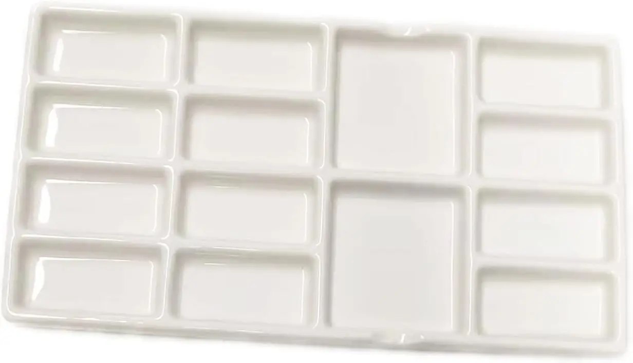 

14-Well Ceramic Paint Palette - 8 Inch Porcelain Watercolor Mixing Tray for Artists