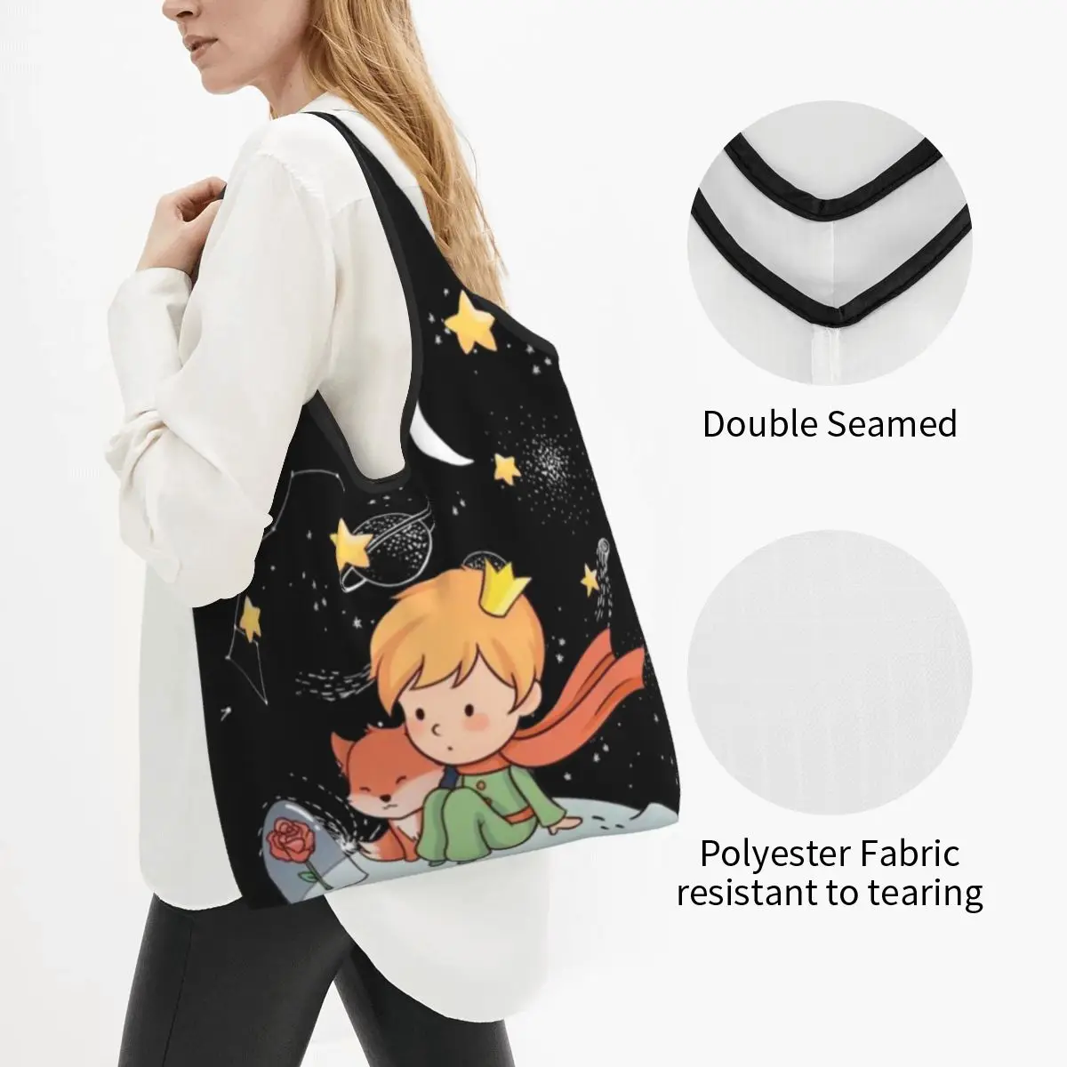 Reusable The Little Prince France Shopping Bags for Groceries Foldable Prince Fox Rose Stars Grocery Bags Large Tote Bags