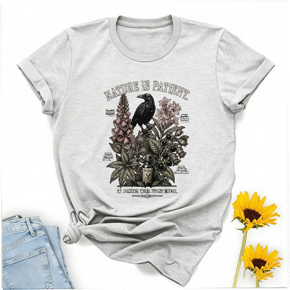 Nature Is Patient Graphic T Shirt Vintage Crow Foxglove Poisonous Botanical Plants Print Goblincore Dark Cottagecore Wildflower