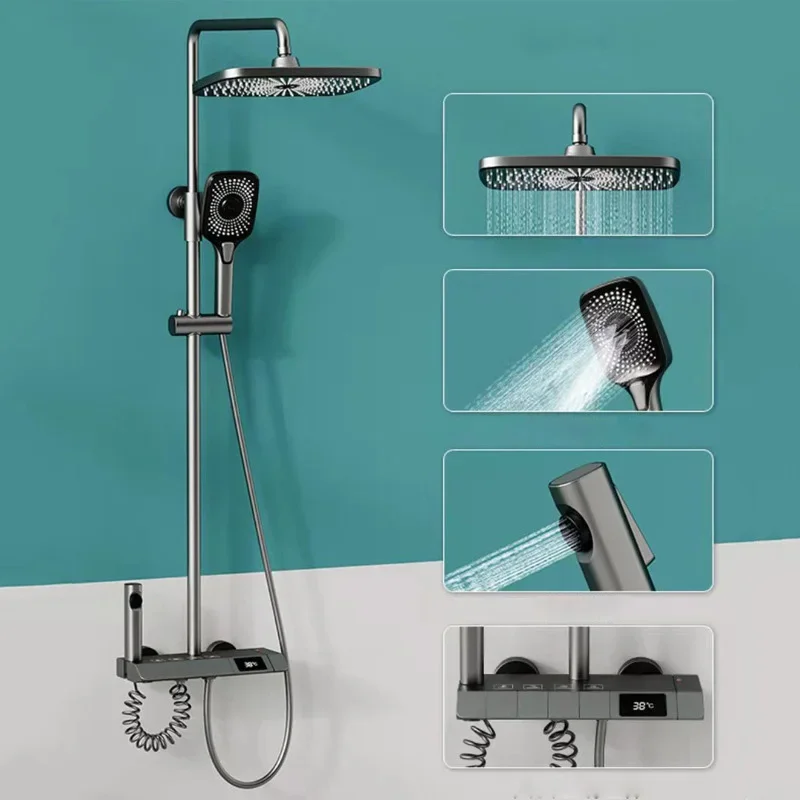 Imagem -05 - White Digital Display Thermostatic Shower Faucet Grupo Chuva de Latão Torneira para Banheira para Banheiro Misturador com Prateleira Hidrelétrica