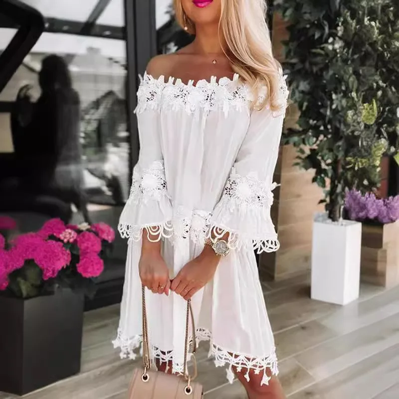 

Sexy Hollow Out Flower Applique Star Midi Dress White/black Lace Off Shoulder Flare Sleeve Solid Color Women's Dress Vestidos