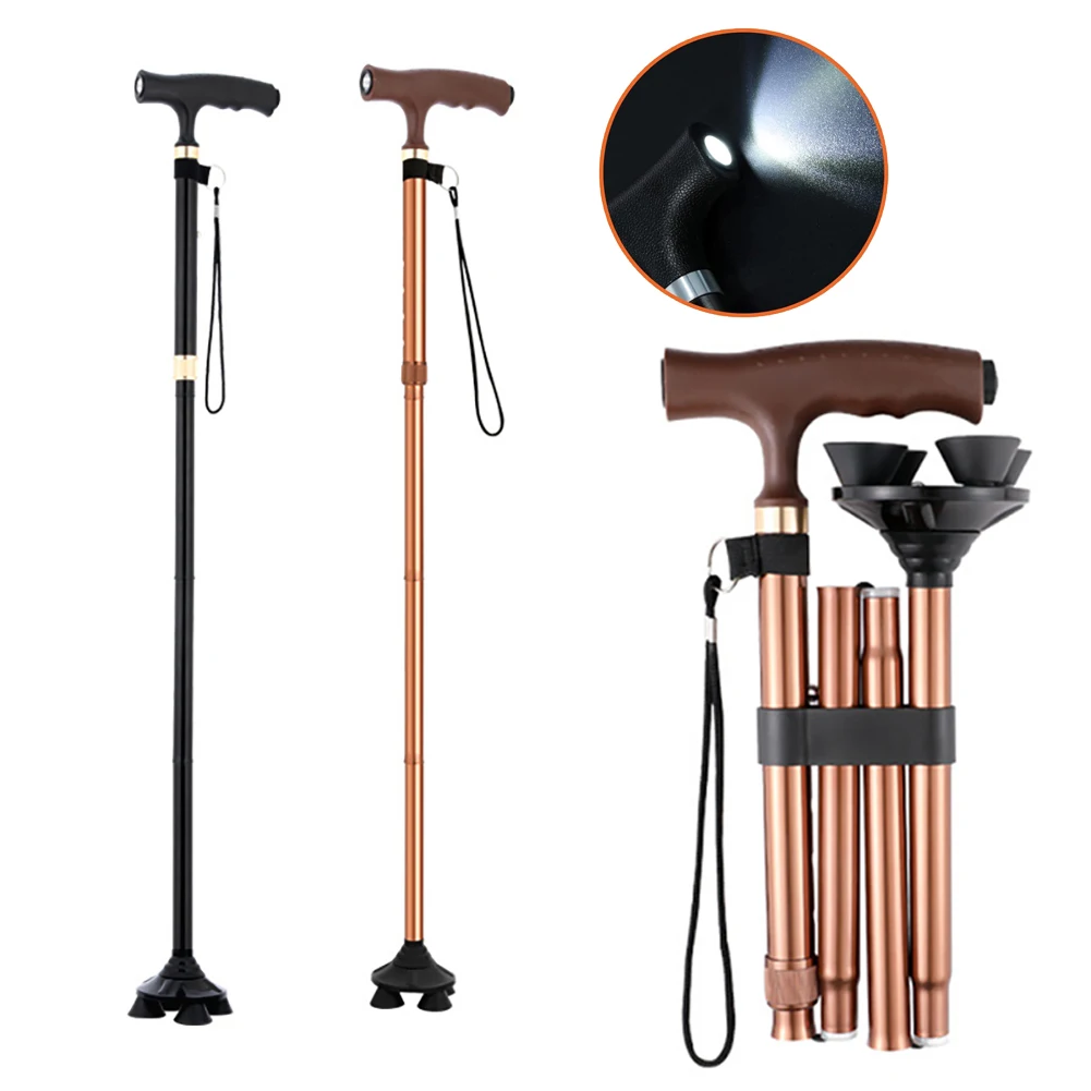 Bastón de Aluminio Plegable con Luz LED, Ajustable, para Senderismo y Caminar, con Cojín y Mango en T, para Personas Mayores