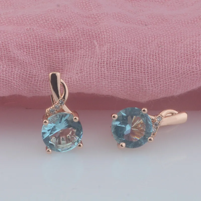 FJ Women 585 Rose Gold Color Round Light Blue White Crystal Twisted Dangle Jewelry Earrings