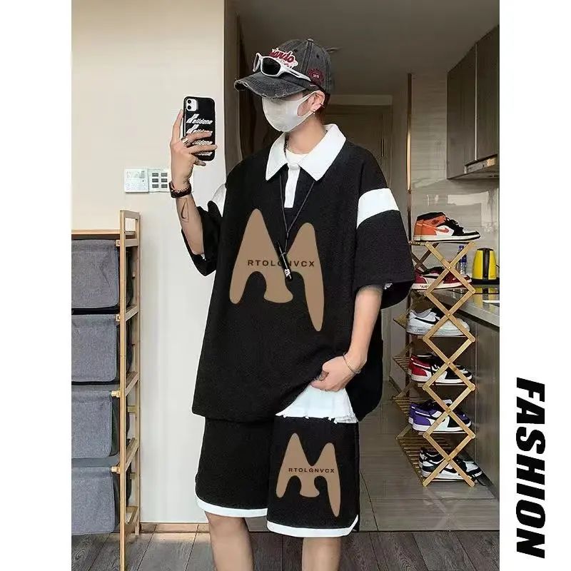 Summer Men Tracksuit Japan Streetwear Retro Printed Waffle Shirts Shorts 2 Piece Set high quality Hip Hop Casual Short Suit 2024