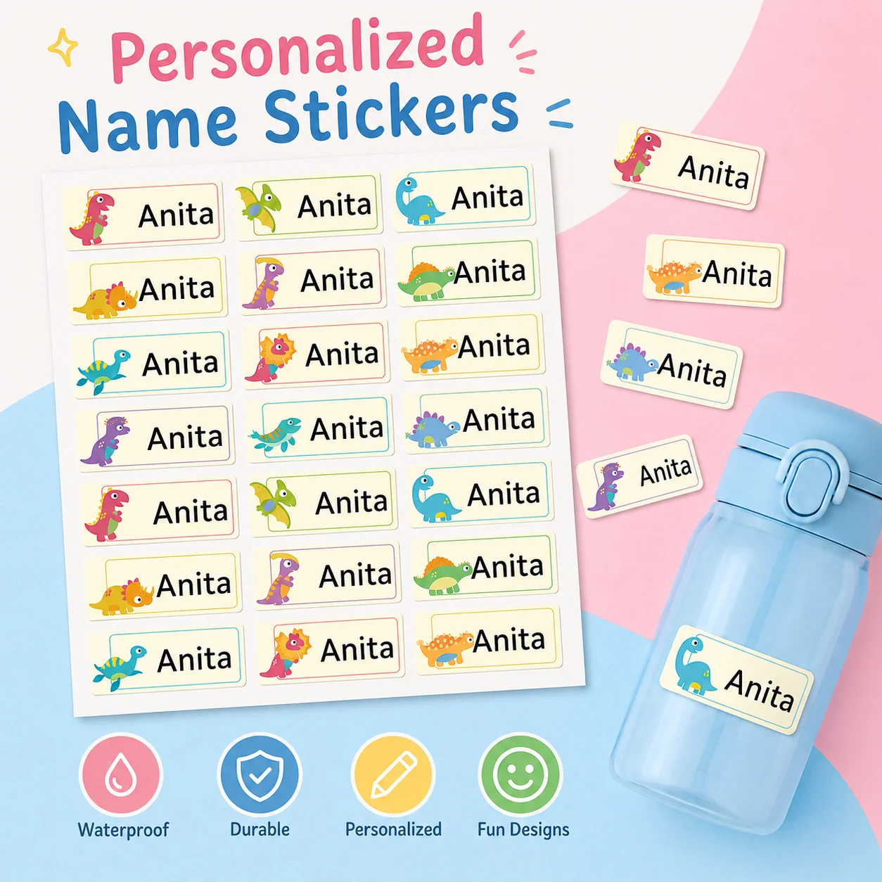 Custom name stickers featuring a yellow dinosaur—personalized labels perfect for cups, office storage bins, and everyday items.