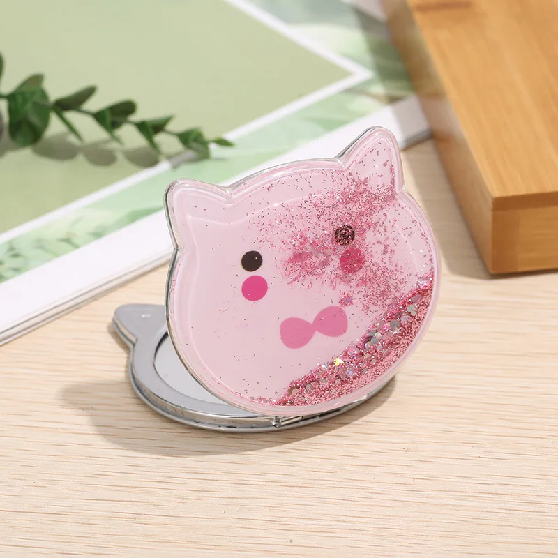 Cute Cat Shaped Handheld Mirror with Shiny Sequins Design Portable Small Folding Hand Mirror Double Side Makeup Mirror Gift