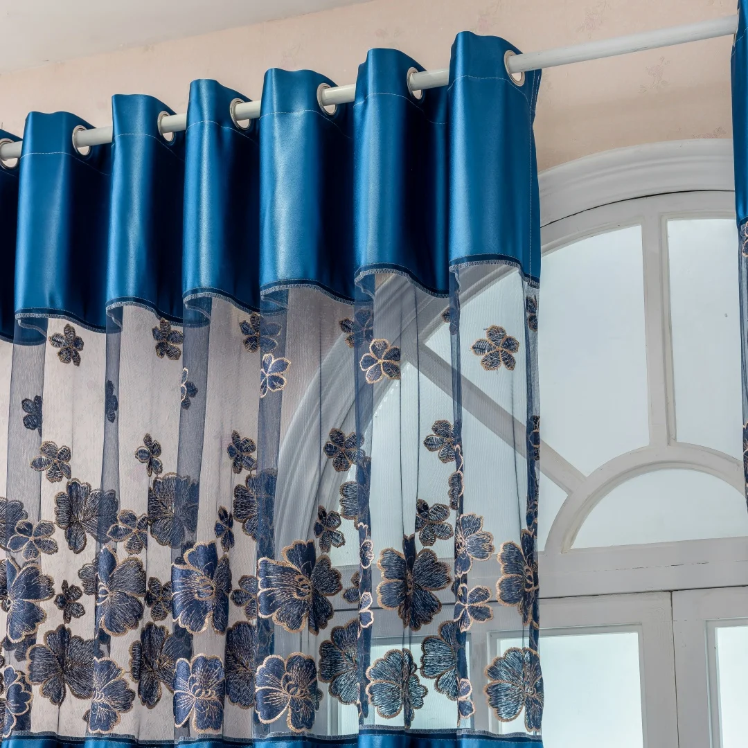 1PC Modern Luxury Embroidered Blue Flower Panel Curtains, UV Blocking, Light Filtering, Top Ring Hanging, for Living Room, Bedro