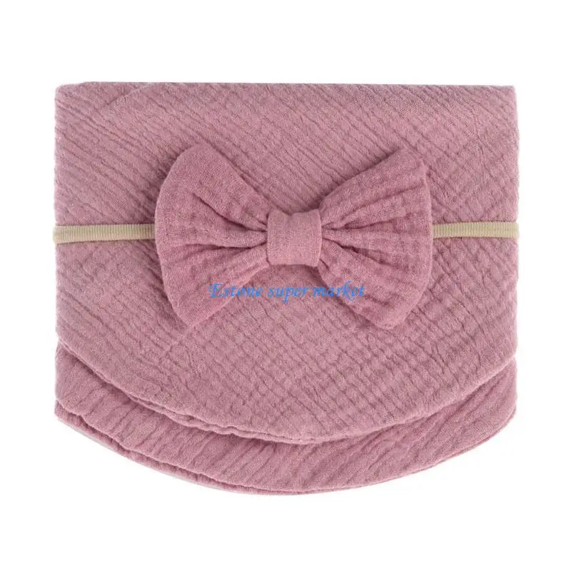 

090B 2 Pcs Portable Double Gauze Cloth Saliva Towel with Mini Bow Headband 12.2x12.2"