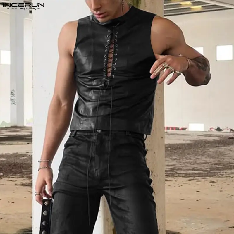 INCERUN Herren-Tanktops aus PU-Leder mit Stehkragen, ärmellose Oberteile für Herren, Westen mit Schnürung, ausgehöhlt, Streetwear, stilvolle Herrenkleidung
