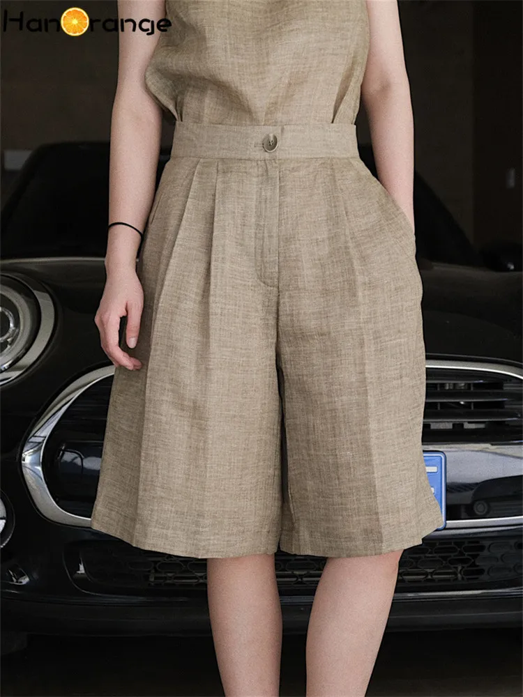 

HanOrange 2026 Summer Lazy Linen Casual Knee Length Pants Women Loose Thin Anti-transparent A-line Profile Five Cents Trousers