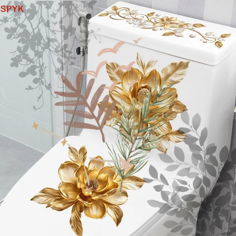 New Gold Diamond Flower Bathroom Toilet Waterproof: 1Set Lid Self-Adhesive Sticker