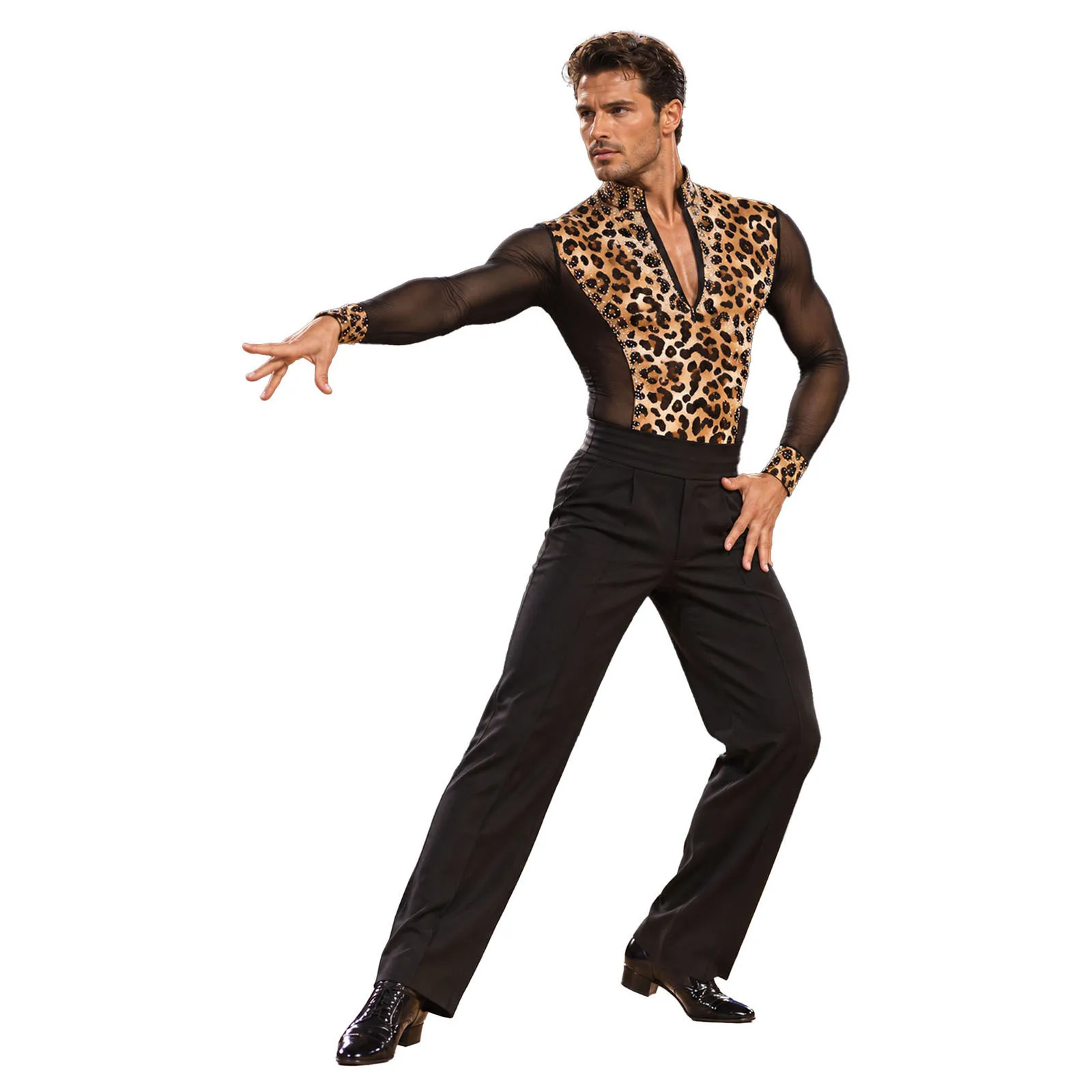 Men Figure Skating Latin Dance Bodysuit Stand Collar Long Sleeve Back Zipper Mesh Patchwork Shiny Rhinestone Printed Jumpsuit