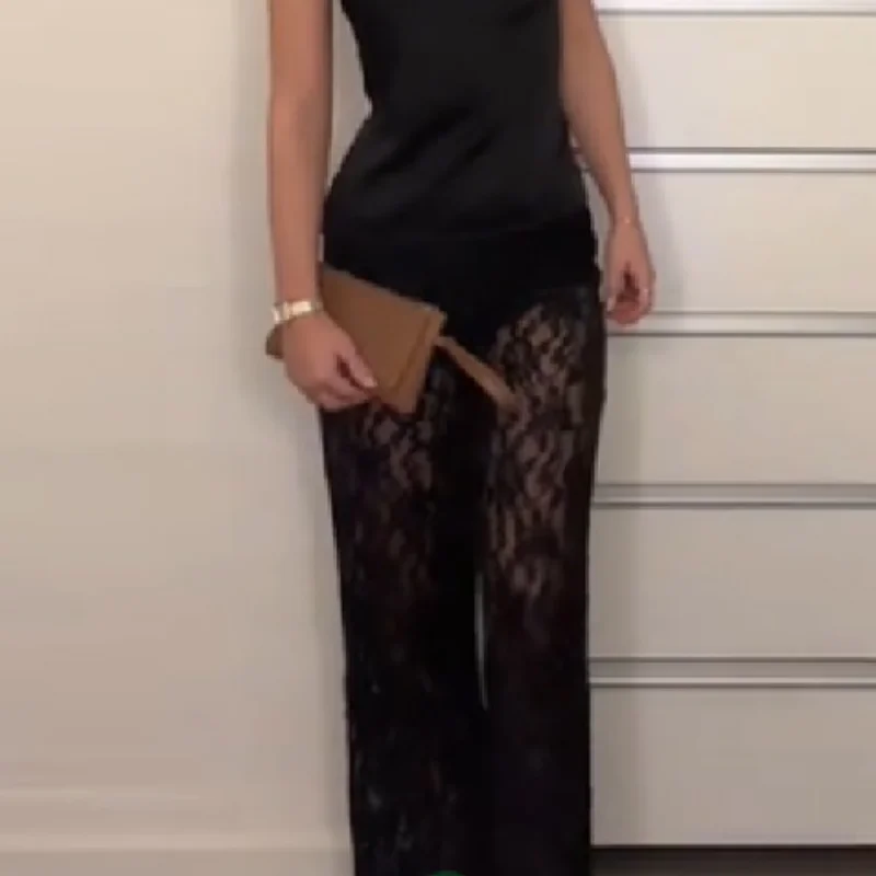 Vrouwen sexy pure zwarte kanten broek chique veelzijdige wijde pijpen lange broek nieuwe mode uitlopende broek 2026 trendy Y2k hoge streetwear