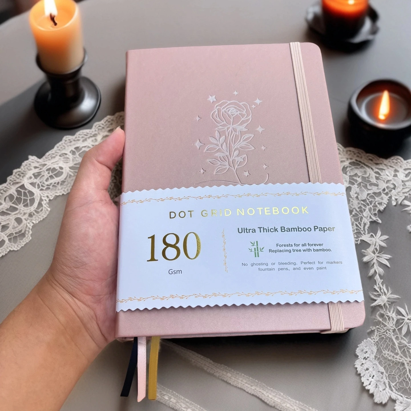 BUJO A5 Dot-Notizbuch – Hardcover-Dotted-Tagebuch, 180 g/m2 dickes Papier, silberne Kanten, flaches Design, 3 Bänder – Detail 4