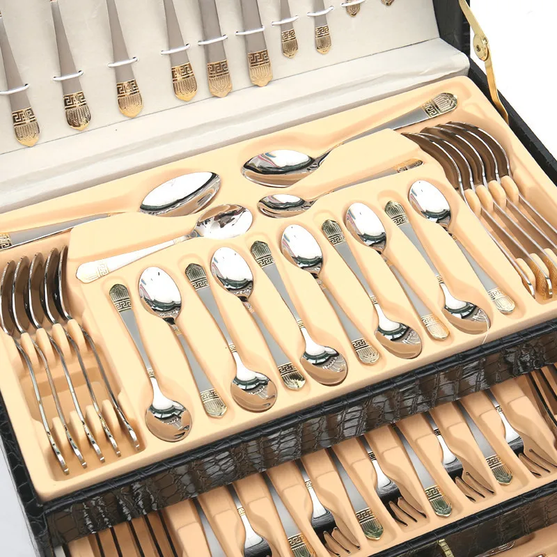 72 Pcs Western Dinnerware Set Stainless Steel Cutlery Set Fork Knife Spoon Tableware Set Flatware Set Silverware Set Leather Box