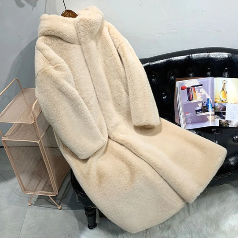 

Пальто из искусственного норкового меха, женские длинные однотонные меховые куртки с карманами и капюшоном, длинными рукавами, на пуговицах, толстые свободные повседневные куртки, осень-зима 2023 г.