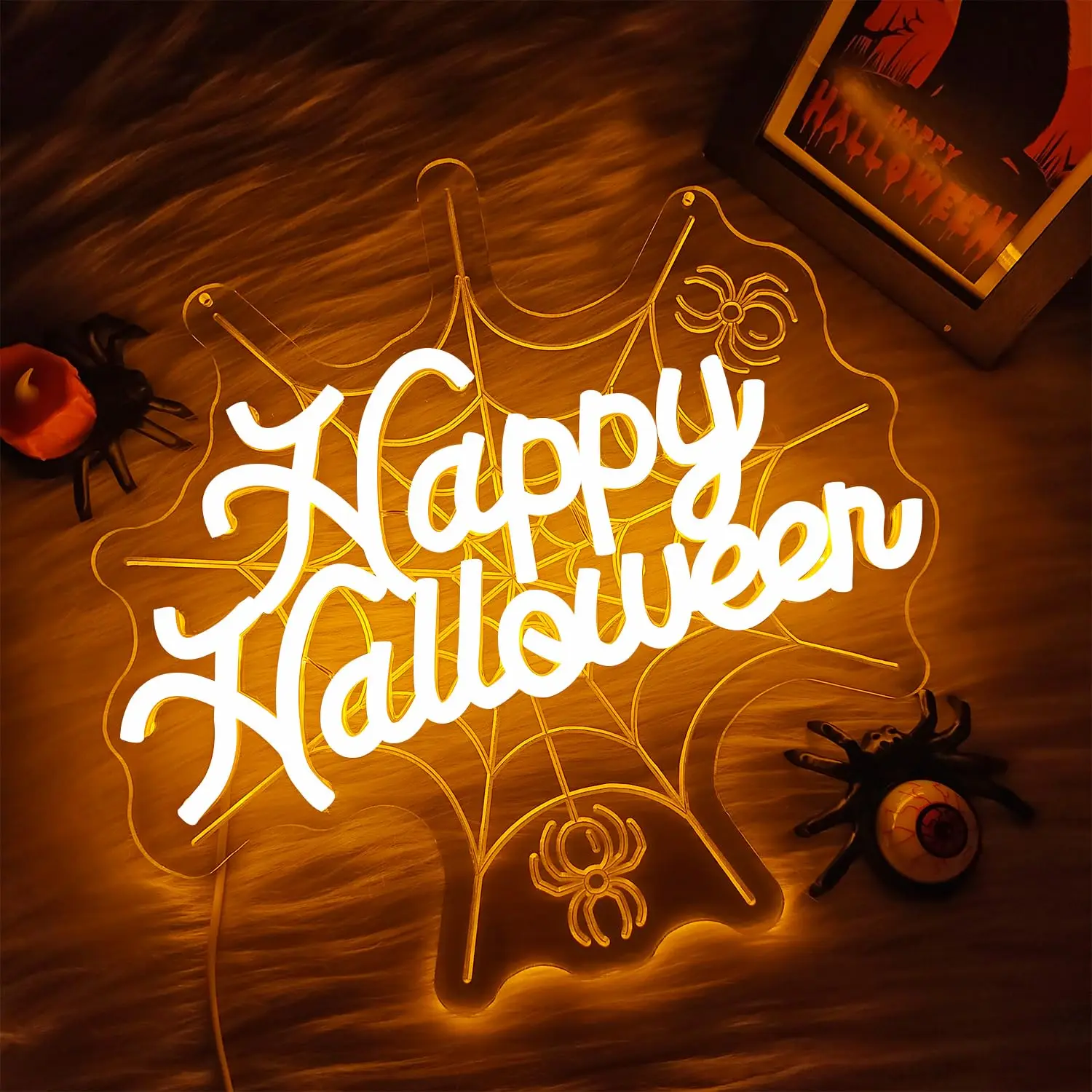 Happy Halloween LED Neon Sign for Wall Decor 3D Spider Web Glowing Gothic Light Up Party 5/12V USB power with Dimmable Switch