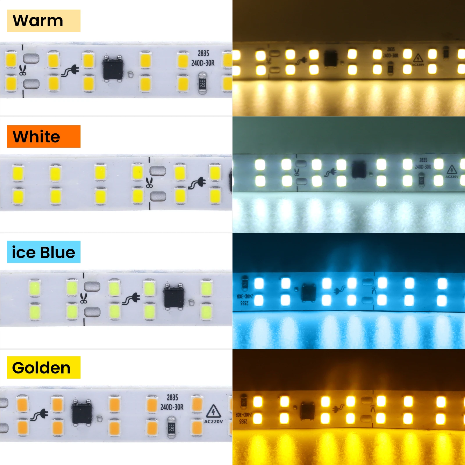 Tira de luces LED resistente al agua, cinta adhesiva de alto brillo SMD 220, 2835 LEDs/M, 120LEDs/M, color blanco, amarillo, azul hielo, 240 V, 10m,