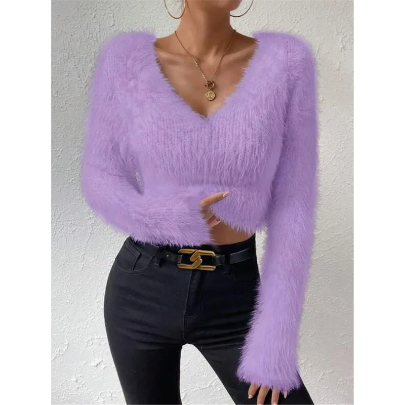 Autumn Winter V Neck Women's Sexy Long Sleeve Slim Sweater Korean Style Solid Color Cropped Top Casual Knitted Pullover
